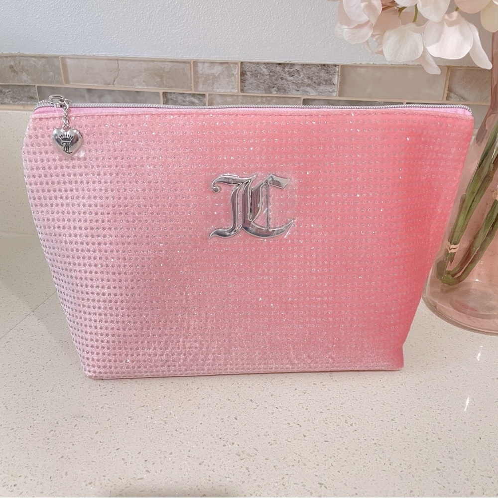 NEW Juicy Couture Pink Velour Glitter Makeup Bag Silver JC Monogram Heart Charm